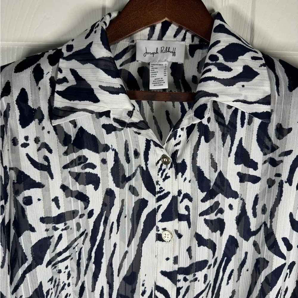 Joseph Ribkoff Button Up Collared Navy/White Blouse Style 231025 Size 2 - Picture 9 of 11